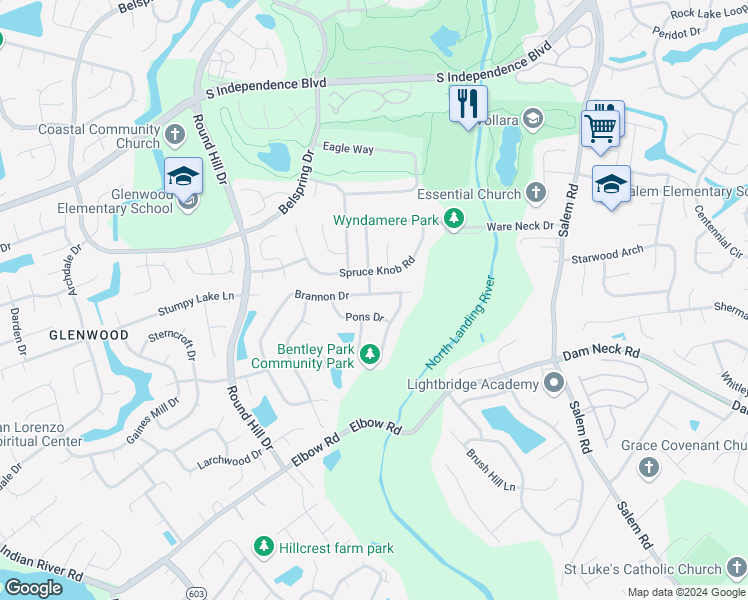 map of restaurants, bars, coffee shops, grocery stores, and more near 3529 Brannon Drive in Virginia Beach