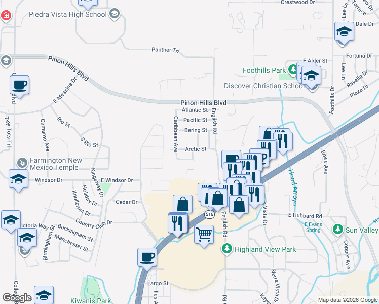map of restaurants, bars, coffee shops, grocery stores, and more near 4702 Arctic Court in Farmington