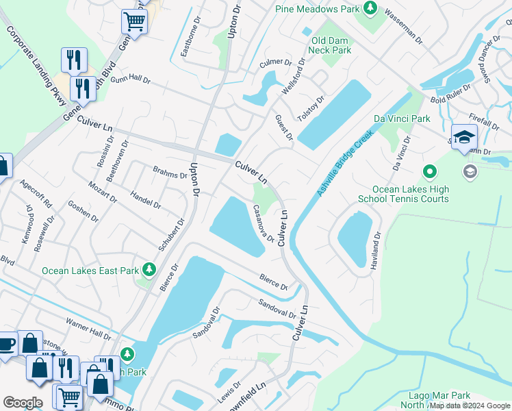 map of restaurants, bars, coffee shops, grocery stores, and more near 1048 Casanova Drive in Virginia Beach