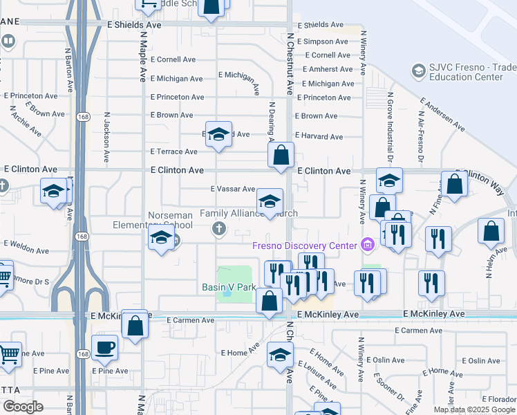 map of restaurants, bars, coffee shops, grocery stores, and more near 4774 East Yale Avenue in Fresno