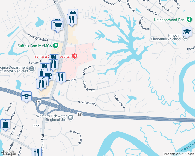 map of restaurants, bars, coffee shops, grocery stores, and more near 117 Poplar Grove Crescent in Suffolk