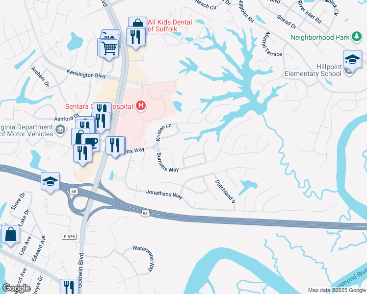 map of restaurants, bars, coffee shops, grocery stores, and more near 117 Poplar Grove Crescent in Suffolk