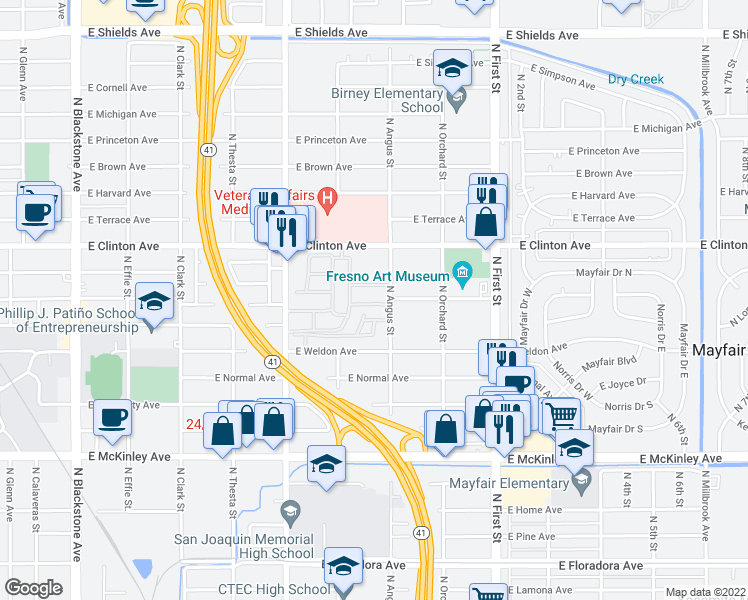 map of restaurants, bars, coffee shops, grocery stores, and more near 2259 North Angus Street in Fresno