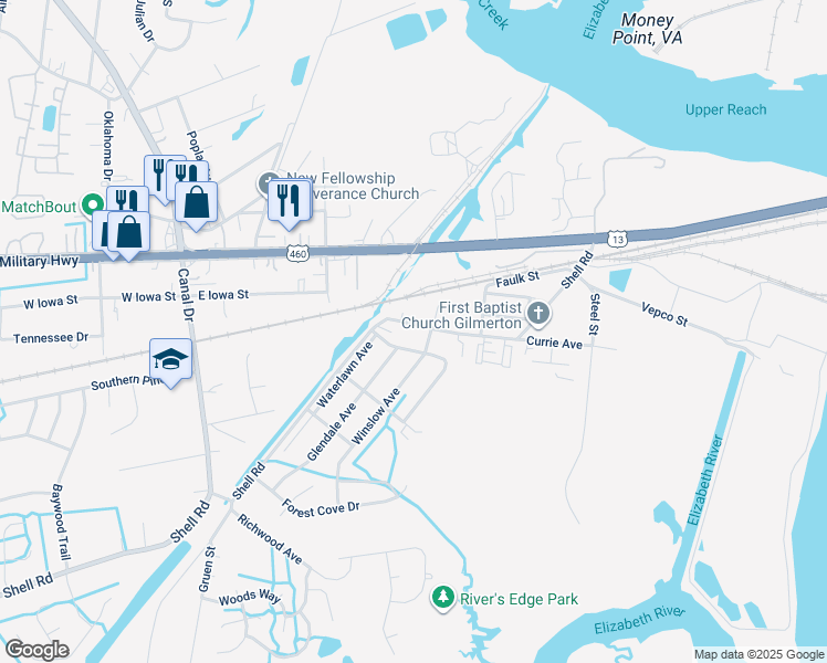 map of restaurants, bars, coffee shops, grocery stores, and more near 1521 Shell Rd in Chesapeake