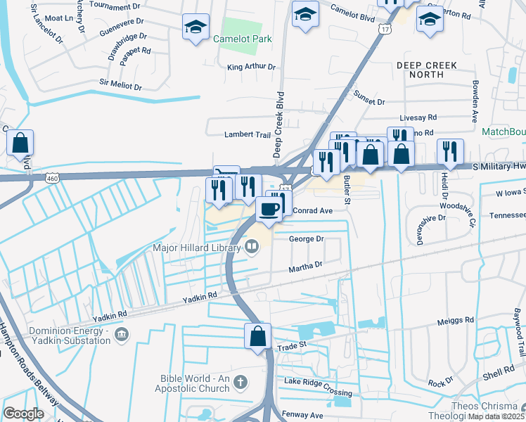map of restaurants, bars, coffee shops, grocery stores, and more near 2800 Yadkin Road in Chesapeake