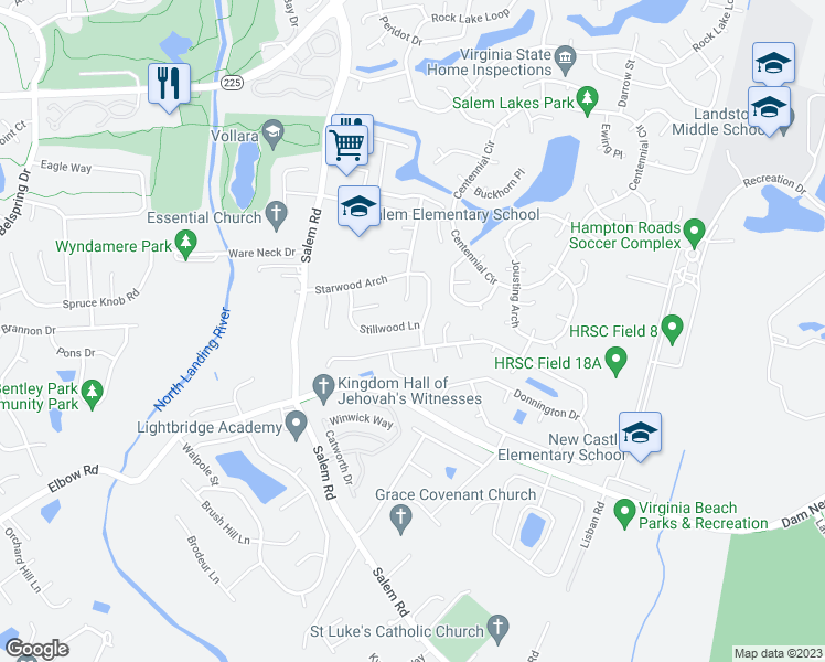map of restaurants, bars, coffee shops, grocery stores, and more near 1977 Stillwood Lane in Virginia Beach