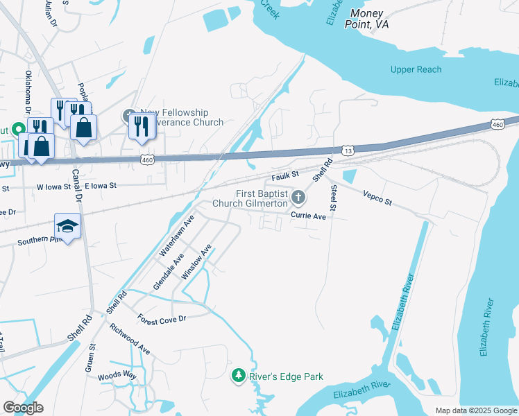 map of restaurants, bars, coffee shops, grocery stores, and more near 1552 Shell Road in Chesapeake