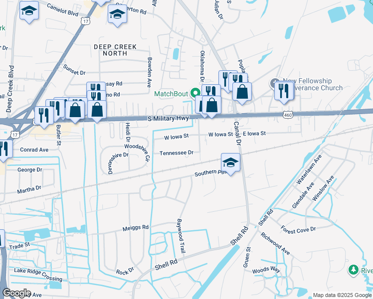 map of restaurants, bars, coffee shops, grocery stores, and more near 2216 Tennessee Drive in Chesapeake