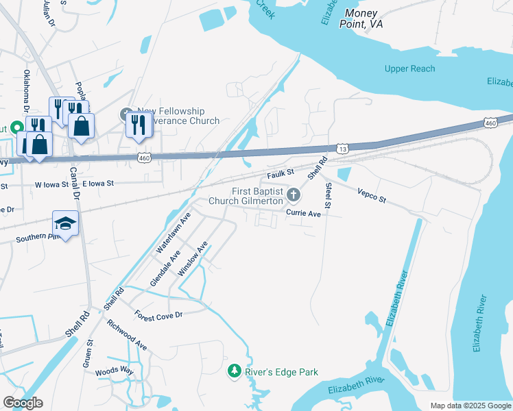 map of restaurants, bars, coffee shops, grocery stores, and more near 119 Ford Street in Chesapeake