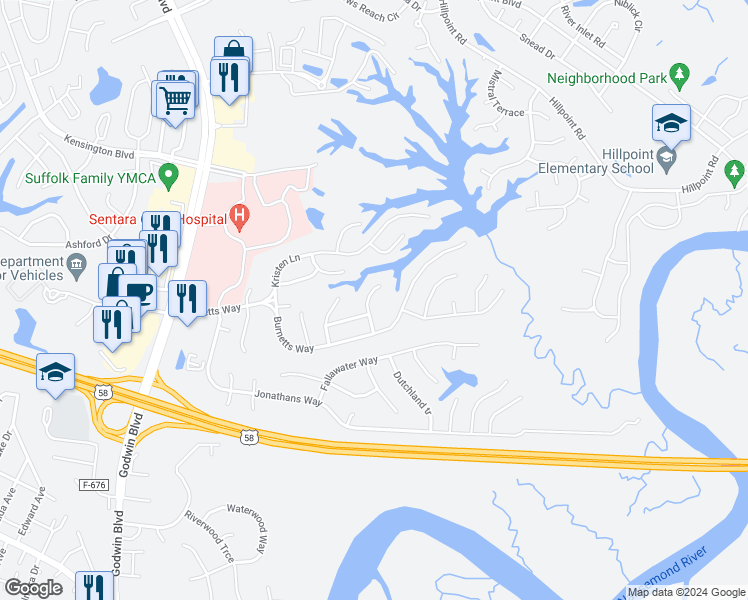 map of restaurants, bars, coffee shops, grocery stores, and more near 110 Timberneck Arch in Suffolk