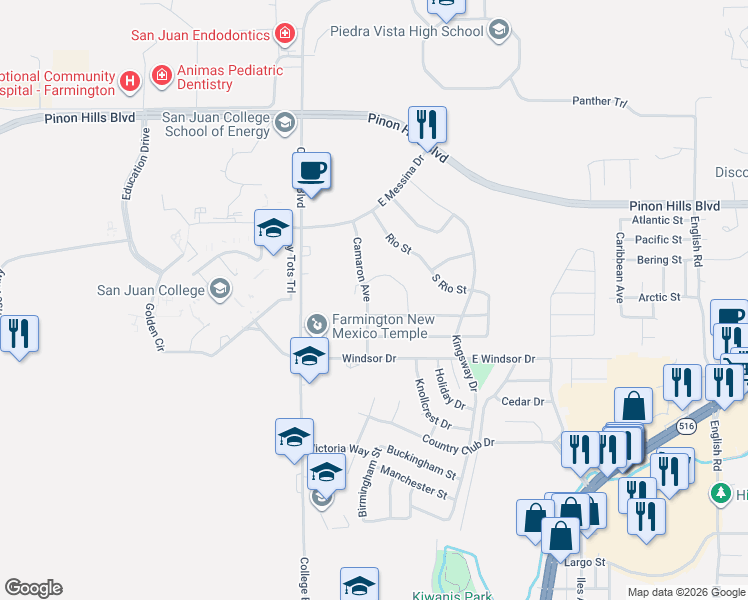 map of restaurants, bars, coffee shops, grocery stores, and more near 4702 Camaron Avenue in Farmington