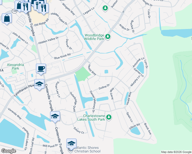 map of restaurants, bars, coffee shops, grocery stores, and more near 1856 Heald Way in Virginia Beach