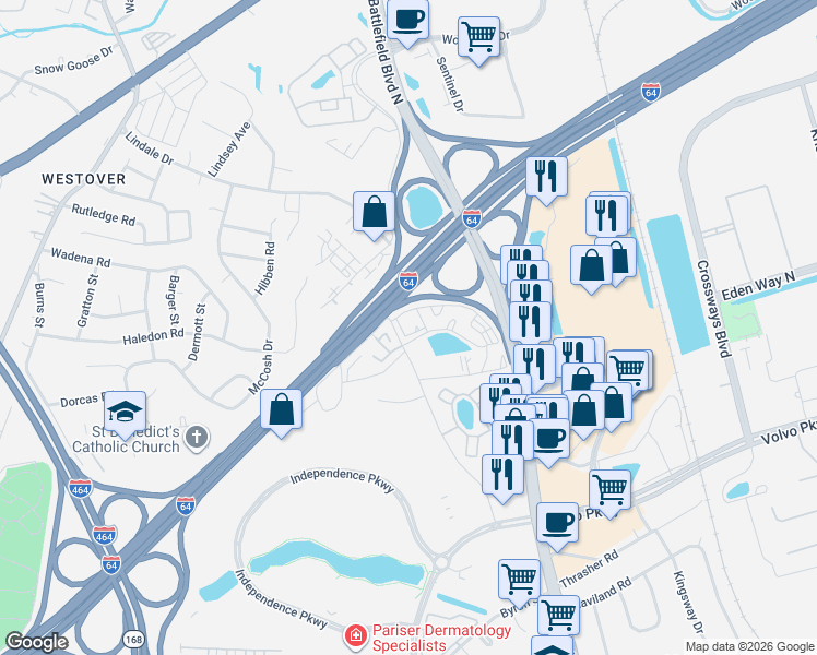 map of restaurants, bars, coffee shops, grocery stores, and more near 117 Gateway Court in Chesapeake