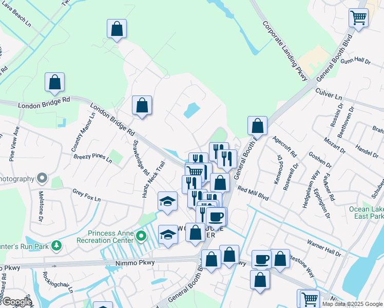 map of restaurants, bars, coffee shops, grocery stores, and more near 1913 Marylebone Court in Virginia Beach