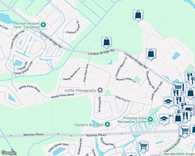 map of restaurants, bars, coffee shops, grocery stores, and more near 1912 Shady Lane in Virginia Beach