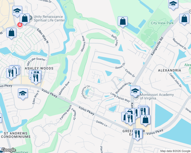 map of restaurants, bars, coffee shops, grocery stores, and more near 1449 Thistlewood Lane in Chesapeake