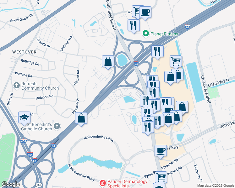 map of restaurants, bars, coffee shops, grocery stores, and more near 117 Gateway Court in Chesapeake