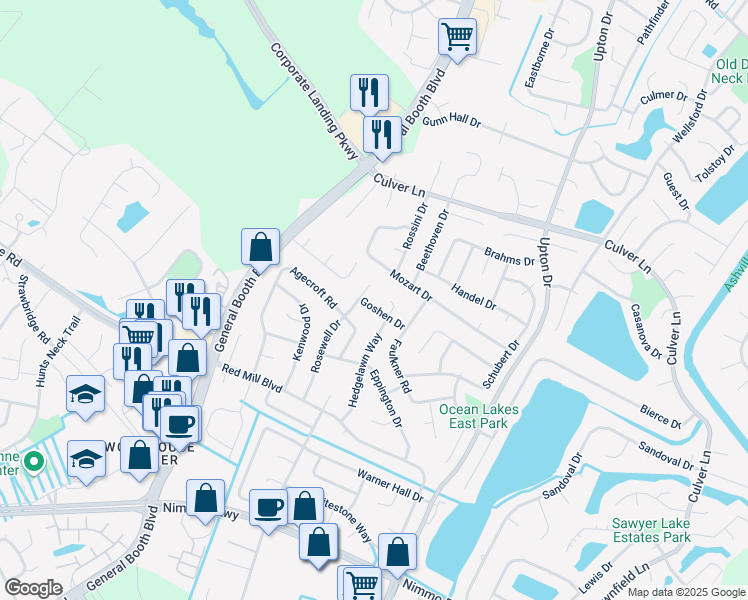 map of restaurants, bars, coffee shops, grocery stores, and more near 2133 Rosewell Drive in Virginia Beach