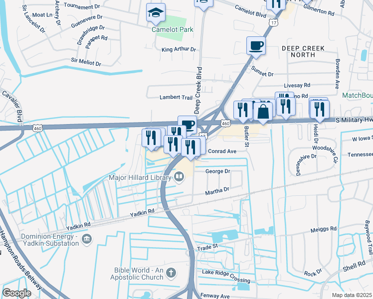 map of restaurants, bars, coffee shops, grocery stores, and more near 2800 Yadkin Road in Chesapeake