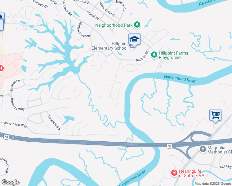 map of restaurants, bars, coffee shops, grocery stores, and more near 2684 River watch Drive in Suffolk