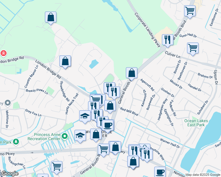 map of restaurants, bars, coffee shops, grocery stores, and more near 2112 Havering Court in Virginia Beach