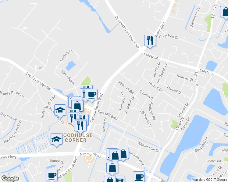map of restaurants, bars, coffee shops, grocery stores, and more near 2168 Agecroft Road in Virginia Beach