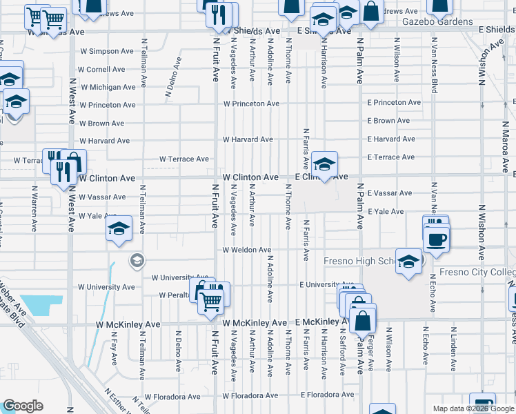 map of restaurants, bars, coffee shops, grocery stores, and more near 2237 North Arthur Avenue in Fresno