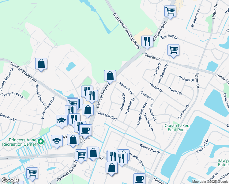 map of restaurants, bars, coffee shops, grocery stores, and more near 2168 Agecroft Road in Virginia Beach