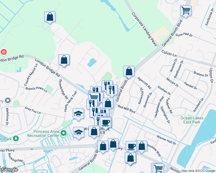 map of restaurants, bars, coffee shops, grocery stores, and more near 2112 Havering Court in Virginia Beach