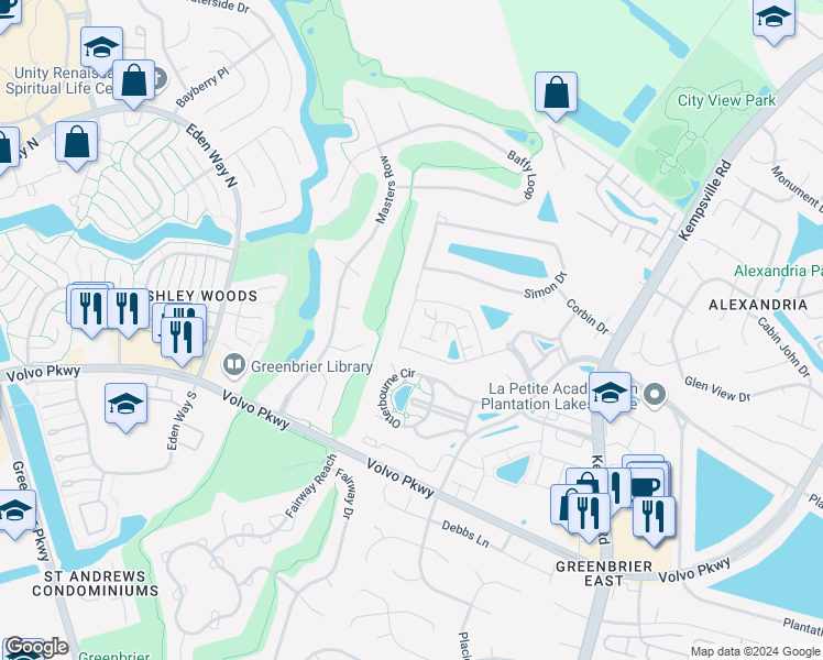 map of restaurants, bars, coffee shops, grocery stores, and more near 1411 Sandchip Terrace in Chesapeake