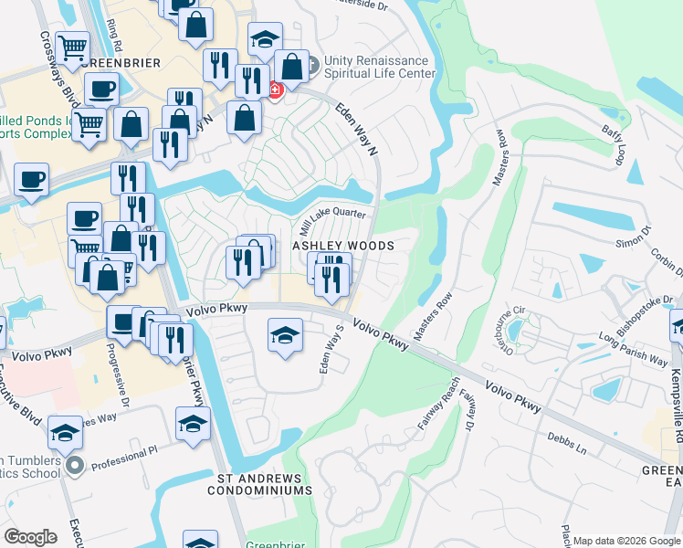 map of restaurants, bars, coffee shops, grocery stores, and more near 1105 Mill Lake Quarter in Chesapeake