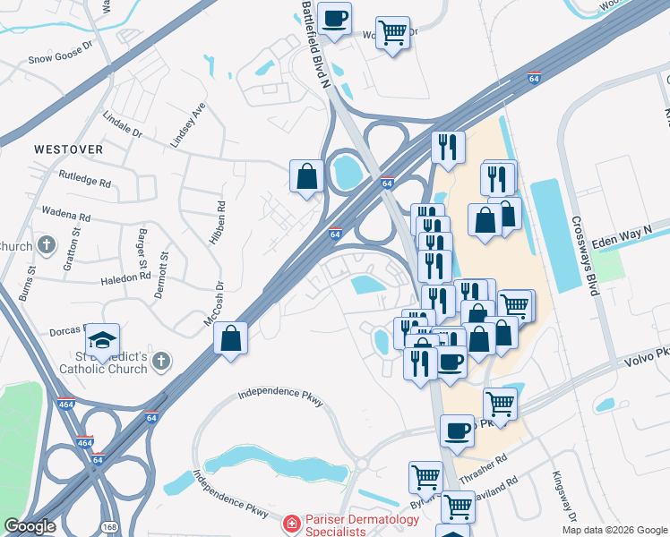 map of restaurants, bars, coffee shops, grocery stores, and more near 117 Gateway Court in Chesapeake