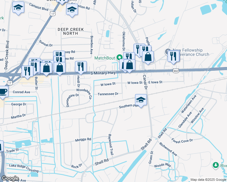 map of restaurants, bars, coffee shops, grocery stores, and more near 2216 Tennessee Drive in Chesapeake