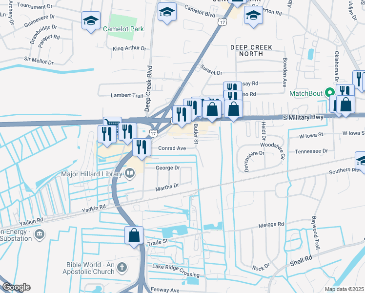 map of restaurants, bars, coffee shops, grocery stores, and more near 881 Butler Street in Chesapeake