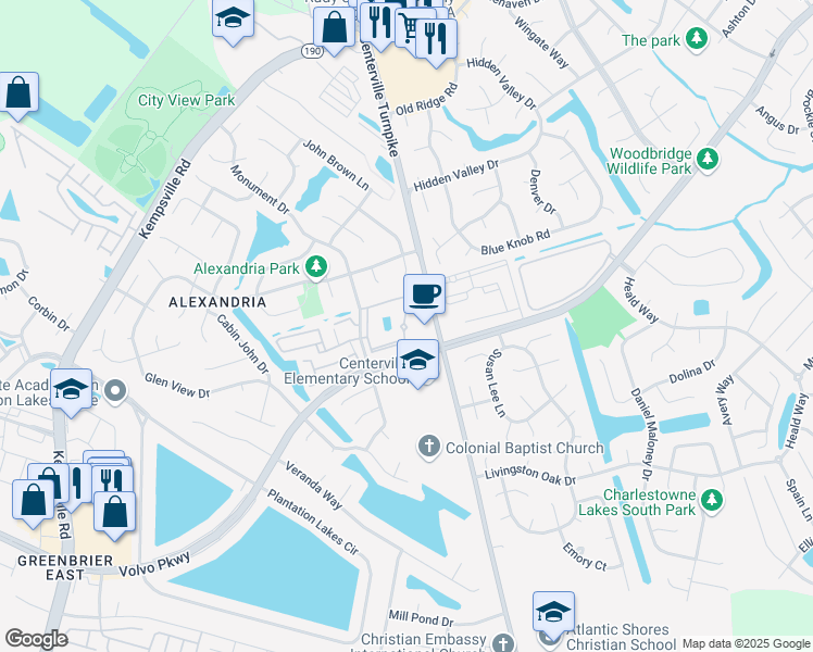 map of restaurants, bars, coffee shops, grocery stores, and more near Amberbrooke Way in Virginia Beach