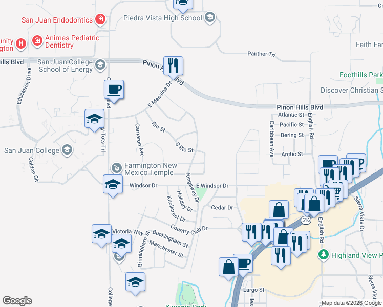map of restaurants, bars, coffee shops, grocery stores, and more near 4600 Rio Street in Farmington