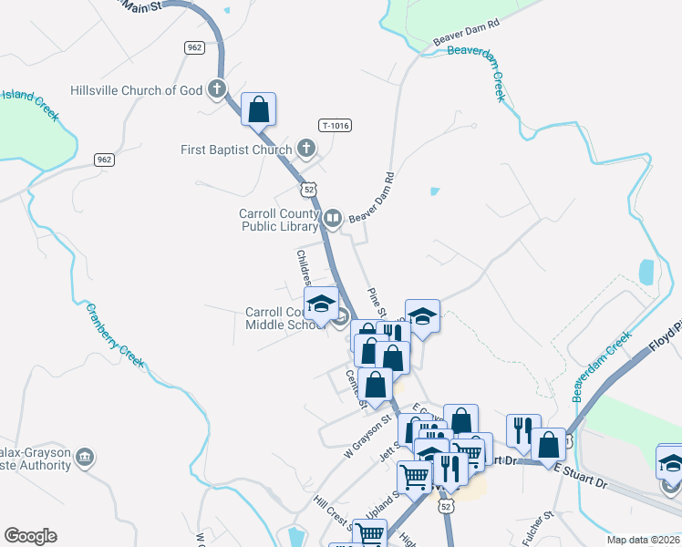 map of restaurants, bars, coffee shops, grocery stores, and more near 1137-1199 North Main Street in Hillsville