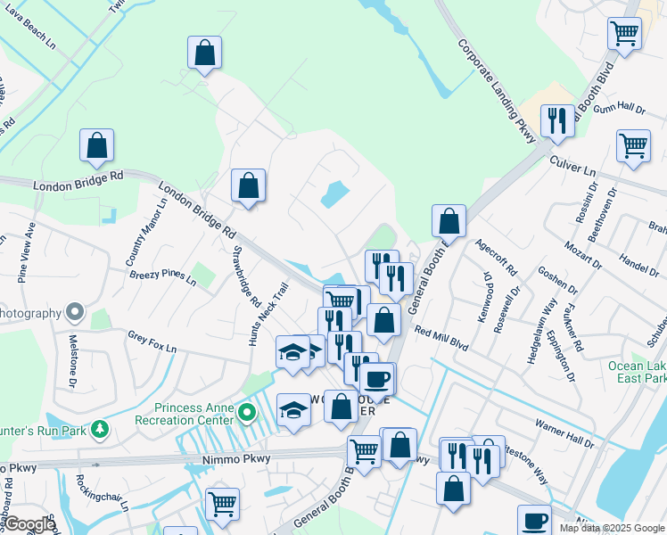 map of restaurants, bars, coffee shops, grocery stores, and more near 1913 Marylebone Court in Virginia Beach