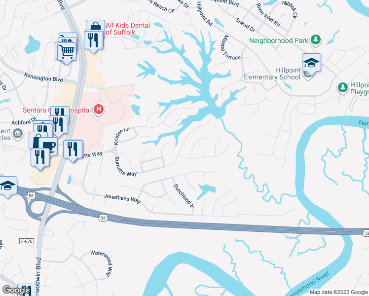 map of restaurants, bars, coffee shops, grocery stores, and more near 282 Burnetts Way in Suffolk