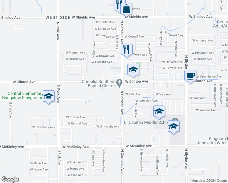 map of restaurants, bars, coffee shops, grocery stores, and more near 2405 N Cornelia Ave in Fresno