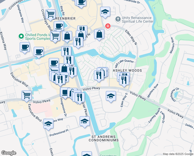map of restaurants, bars, coffee shops, grocery stores, and more near 1108 Kings Mill Court in Chesapeake