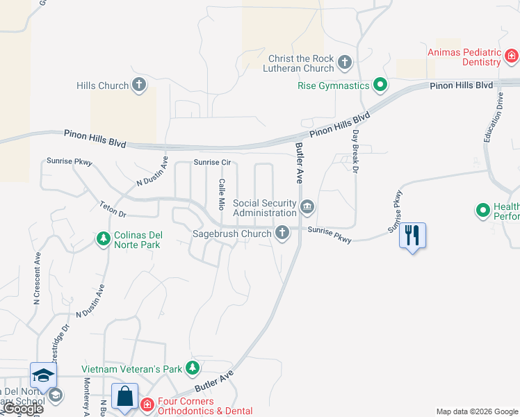 map of restaurants, bars, coffee shops, grocery stores, and more near 4727 Sundown Road in Farmington
