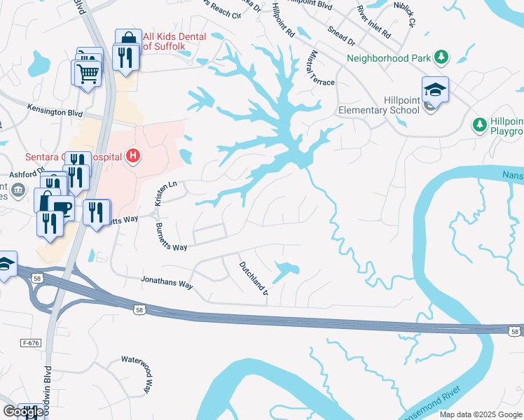 map of restaurants, bars, coffee shops, grocery stores, and more near 209 Widgeon Court in Suffolk