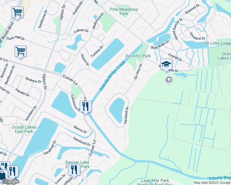 map of restaurants, bars, coffee shops, grocery stores, and more near 1100 Nipigon Court in Virginia Beach