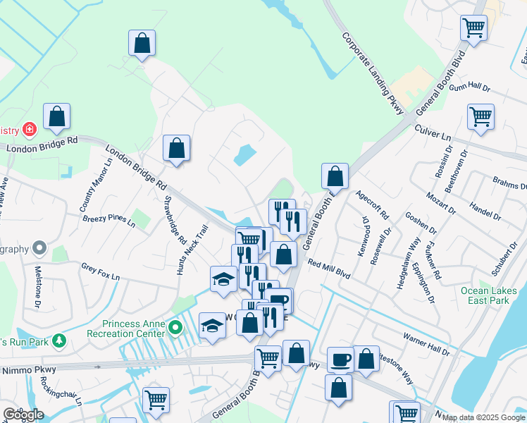 map of restaurants, bars, coffee shops, grocery stores, and more near 1945 Lewisham Way in Virginia Beach