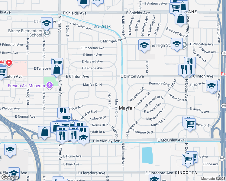 map of restaurants, bars, coffee shops, grocery stores, and more near 2302 North 6th Street in Fresno