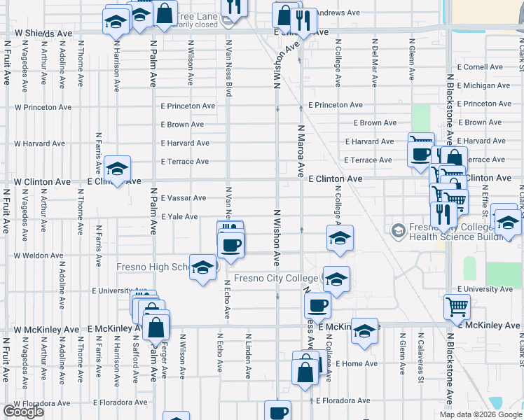 map of restaurants, bars, coffee shops, grocery stores, and more near 716 East Vassar Avenue in Fresno
