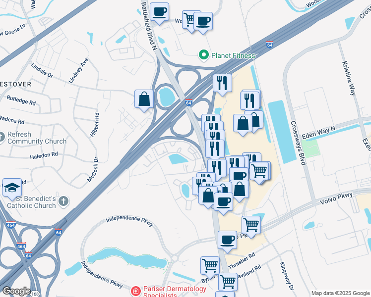 map of restaurants, bars, coffee shops, grocery stores, and more near 109 Gateway Court in Chesapeake