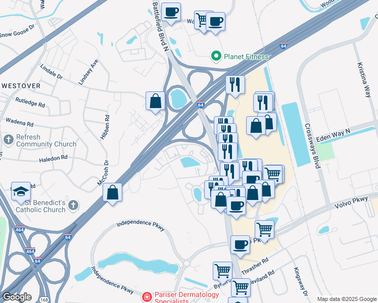 map of restaurants, bars, coffee shops, grocery stores, and more near 113 Gateway Court in Chesapeake