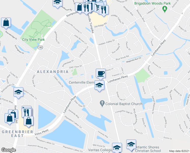 map of restaurants, bars, coffee shops, grocery stores, and more near 2133 Amberbrooke Way in Virginia Beach